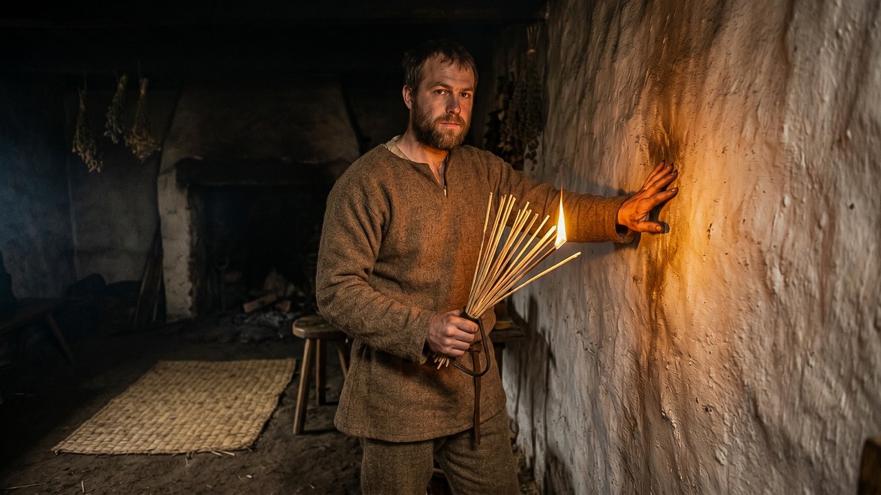 A man lighting a dim cottage room with a burning bundle of rushlights held against a whitewashed wall