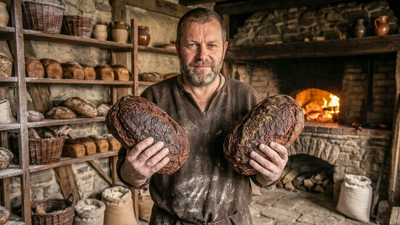 A baker holding two dark pumpernickel loaves in a bakehouse, shelves of bread behind him and a fire in the oven