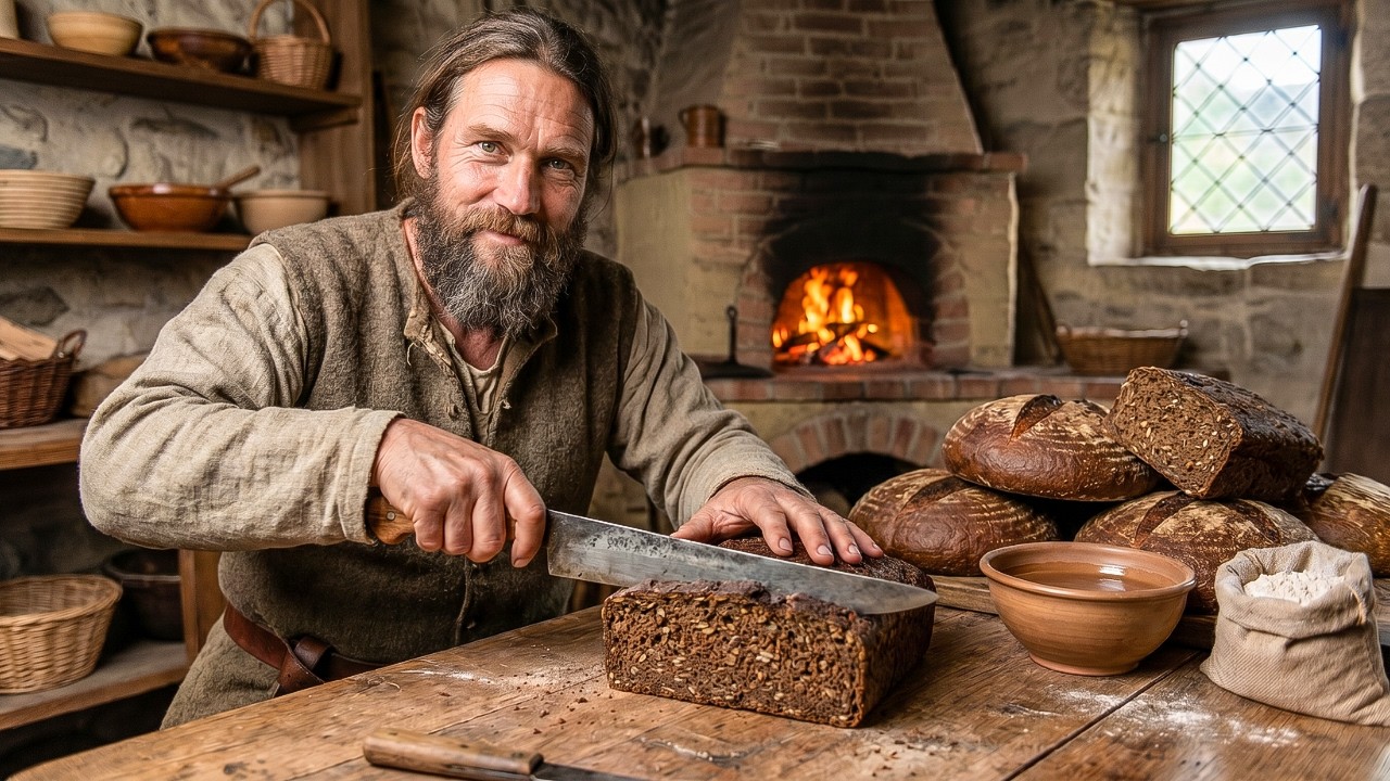 A baker slicing a dense seeded rye loaf on a wooden table in front of a brick oven